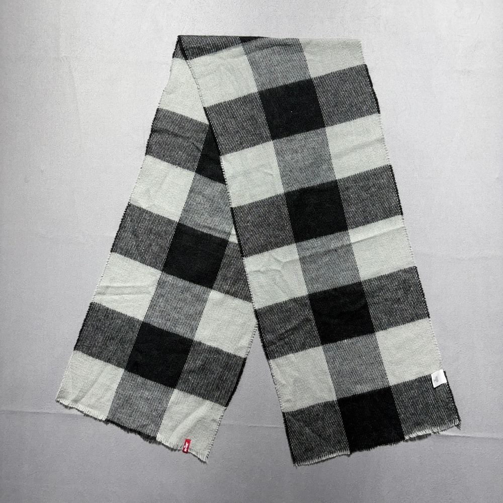 Levis Buffalo Plaid Scarf Black Grey Check Fringed Acrylic Winter Wrap